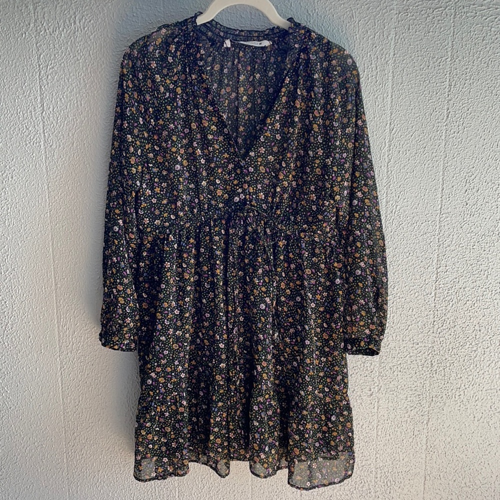 ZARA sheer floral black long-sleeve mini-dress Sz XS